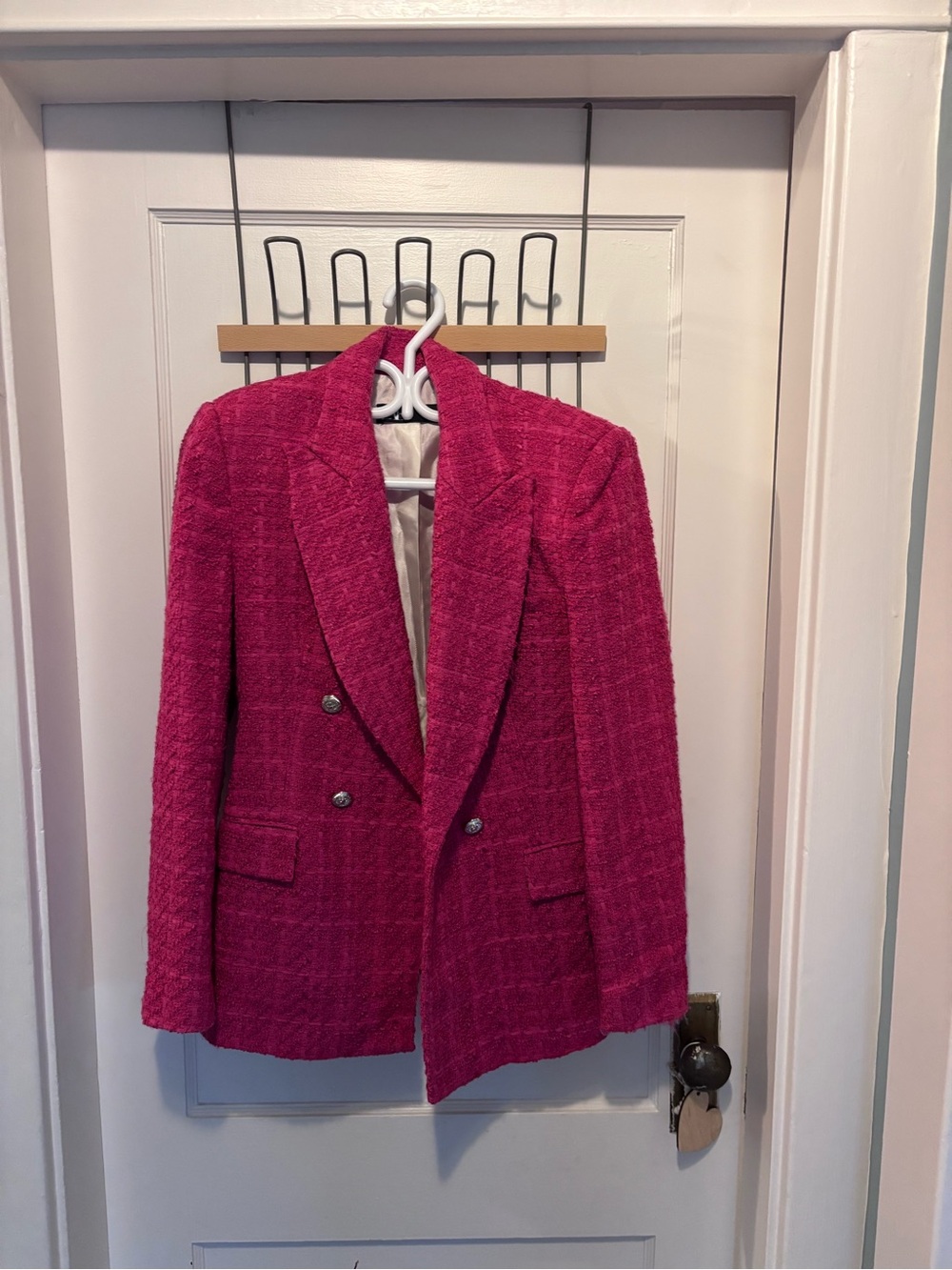 Zara Fuchsia Double-Breasted Tweed Blazer